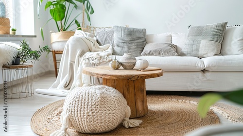 Round wood coffee table against white sofa