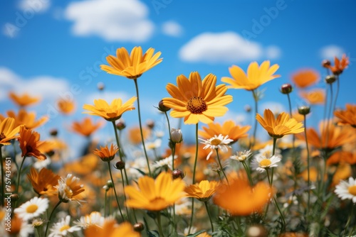 Colorful daisies bloom in a meadow beneath a cloudy blue sky
