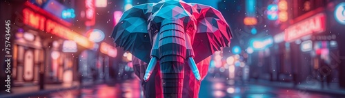 A close-up of a low poly elephant illuminated by the soft glow of neon lights in a pastel-colored futuristic alley. The detailed 3D render focuses on the elephants textured surface