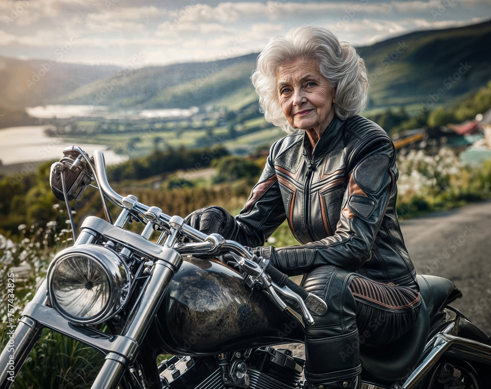 Exploring the Countryside: Elderly Woman Enjoying a Motorcycle Ride