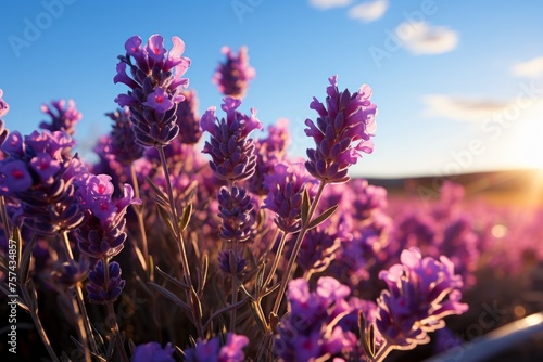Violet flowers bloom in grassy field under blue sky