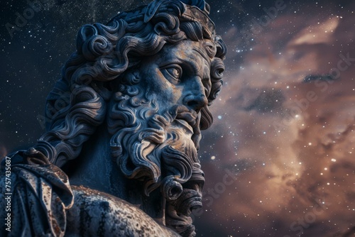 Jupiter statue under night sky exuding ancient Roman god mythology