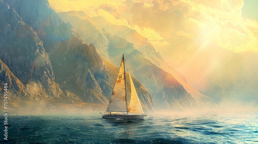 A serene evening at sea, with a sailboat gliding under the golden sunlight - obrazy, fototapety, plakaty 