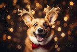 cute corgi pembroke dog puppy smiling portrait with Christmas lights bokeh and accessory with reindeer horns