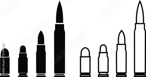 bullets set in vintage monochrome style. Design element for logo, label, sign, emblem, poster. suitable for UI designs, isolated on transparent background, Weapon ammo types and size in flat style.