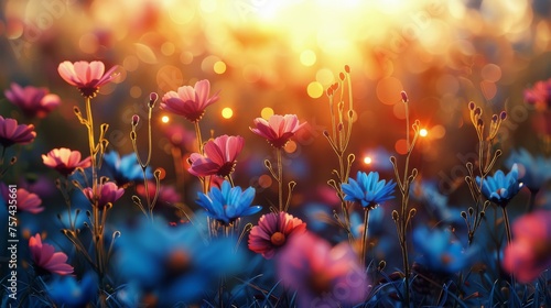 Field of Blue and Pink Flowers