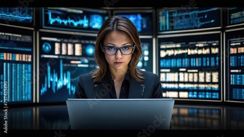 Analytical Mastery  Female Senior Data Scientist Portrait in a Dark Office  Diligently Working Her Laptop in office .  