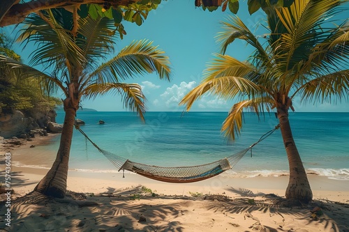 Hammock between two palm trees on a tropical beach, happiness, summer relaxation, resting place.Generative AI