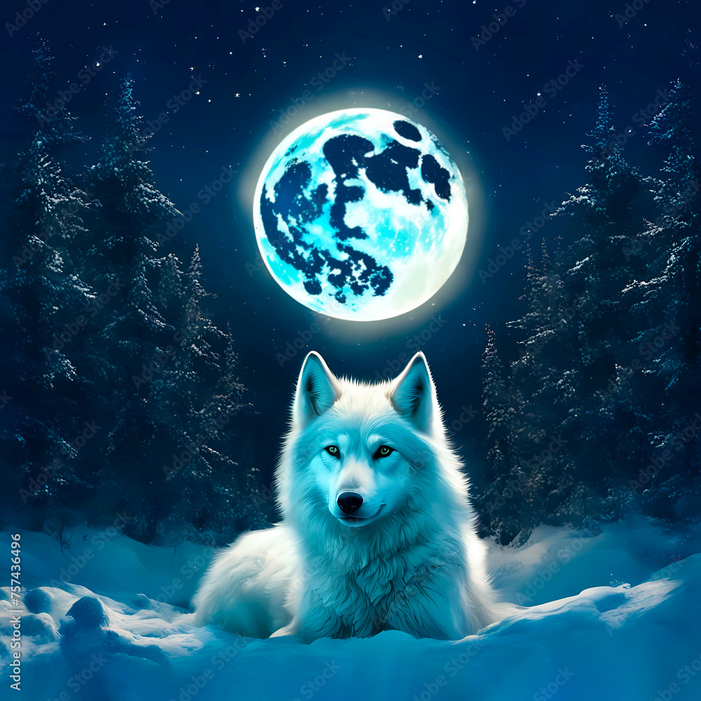 wolf in white winter habitat,. Beautiful winter forest, full moon. Wild animals in nature environment.