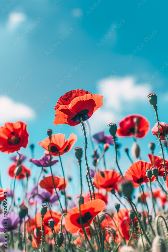 Fototapeta premium Poppy flower field, closeup low angle view with blue sky in the background, natural spring background with copy space.