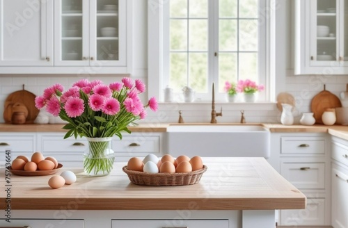 beautiful, bright kitchen with flowers in a vase on the table and window. the house is ready for the Easter holiday, there are painted eggs in a basket on the kitchen table.