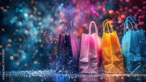 Row of Colorful Shopping Bags Hanging on Wall photo