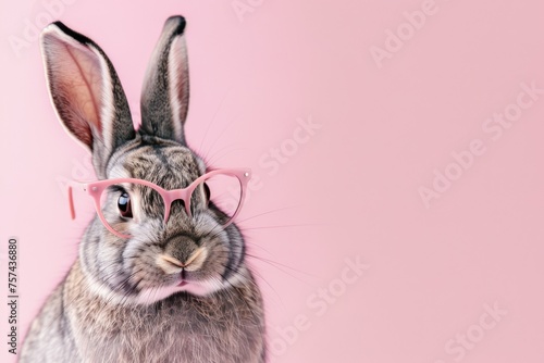 rabbit in pink and gray glasses on a pastel pink background. On the left there is an empty space for text, a banner. Easter card. bunny