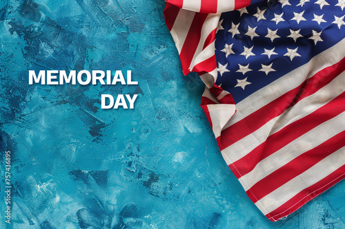 Blue background with america flag and inscription memorial day in usa, remembrance background with place for text