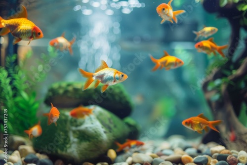 Aquarium with vibrant goldfish swimming among aquatic plants and pebbles