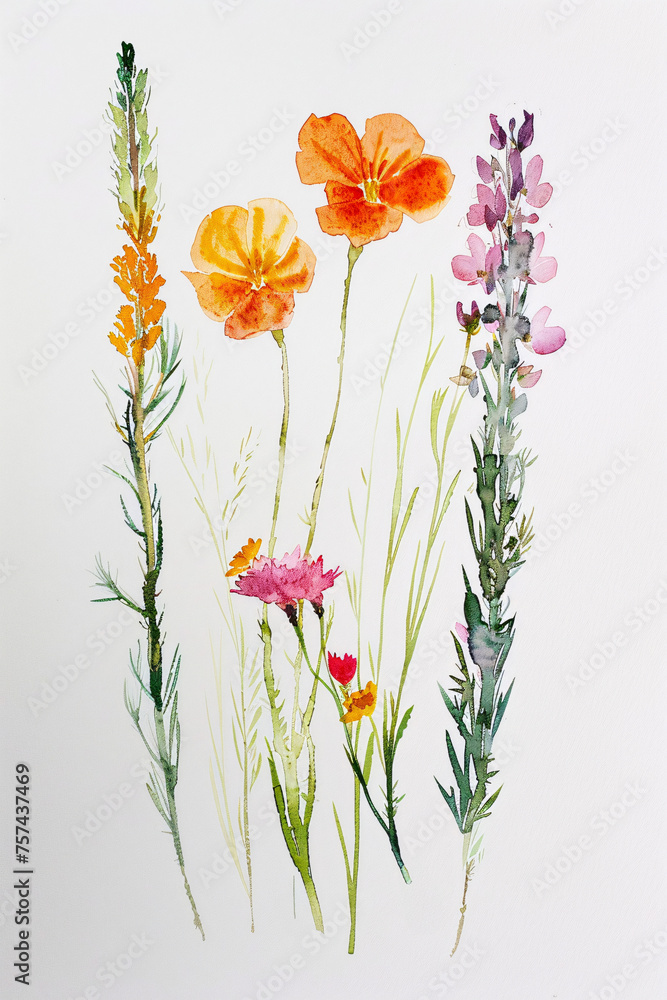 Obraz premium diverse assortment of wildflowers stretching upward against a clean, white background
