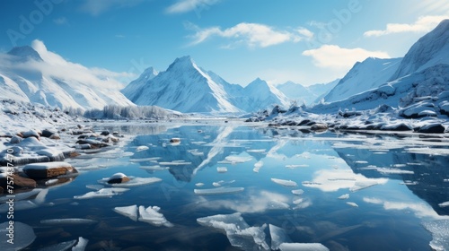 Icy water surrounded by snowclad mountains under a cloudy sky photo