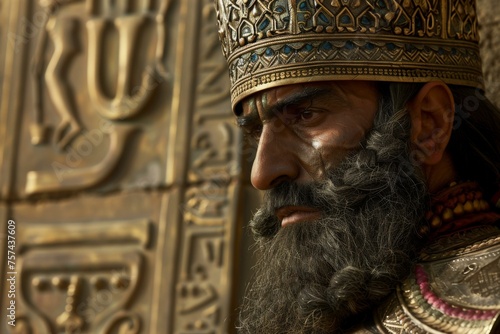 Persian Immortal in Achaemenid era costume with headdress and beard photo