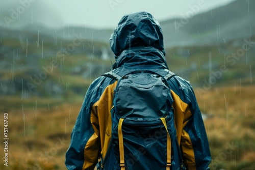 Rain jacket and backpack on a hiker in nature highlighting weather, waterproof quality, and outdoor adventure
