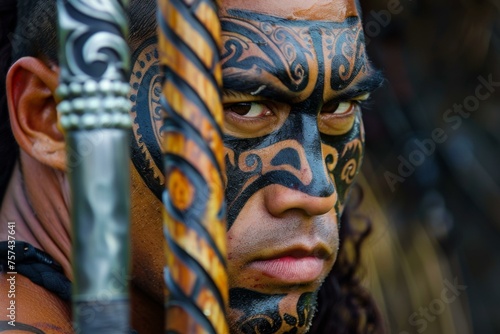 Maori warrior from New Zealand with tribal face tattoo exhibits fierce gaze and cultural pride © Superhero Woozie