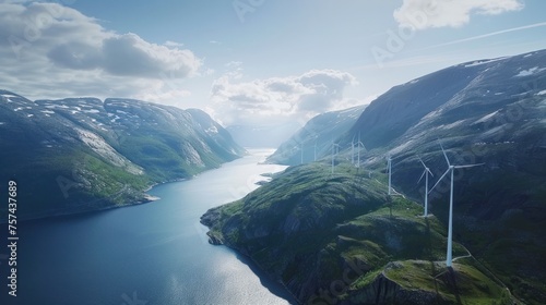 Majestic windmills crown the mountain ridge, towering above the fjord