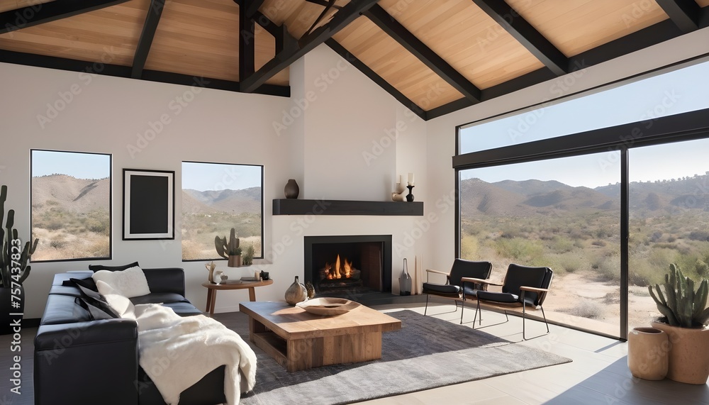 Obraz premium beautiful modern living room with fireplace and black and white decor