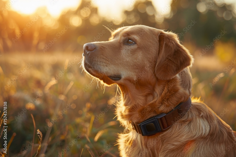 Golden Retriever with GPS tracker collar gazing into sunset outdoors