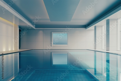 blank wall art frame in swimming pool room, indoor sport club, luxurious theme interior with empty art frame, Generative Ai © QuietWord