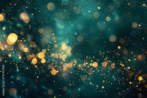 Abstract gold and green glitter lights background. Circle blurred bokeh. Festive backdrop for Christmas, St Patrick Day, party, holiday or birthday with copy space