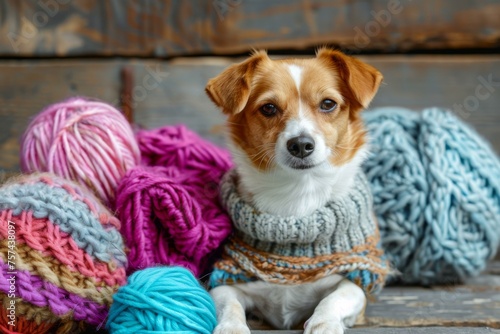 Dog in a sweater surrounded by knitting yarn and colorful wool demonstrating cozy craft and homemade fashion