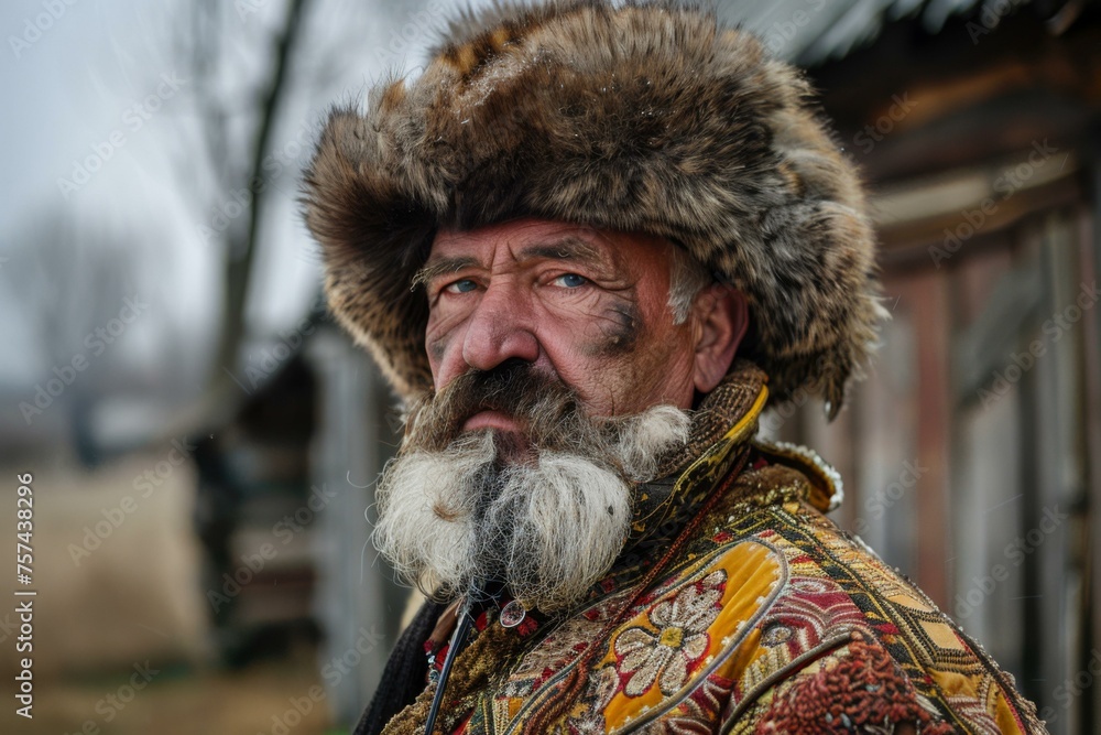 Cossack man in traditional Ukrainian or Russian costume with beard and fur hat