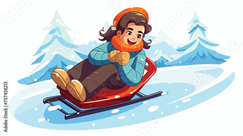 Carefree woman sledding on snowy slope .. flat vector