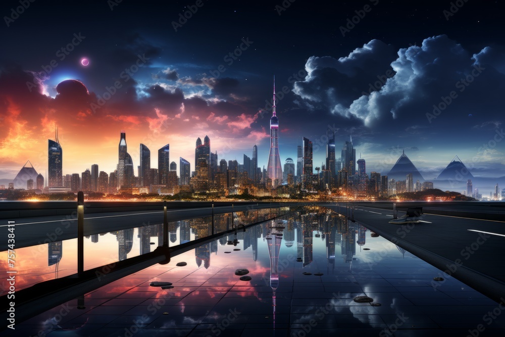 Cityscape mirrored in water puddle under midnight sky