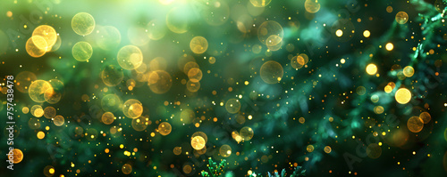 Abstract gold and green glitter lights background. Circle blurred bokeh. Festive backdrop for Christmas, St Patrick Day, party, holiday or birthday with copy space