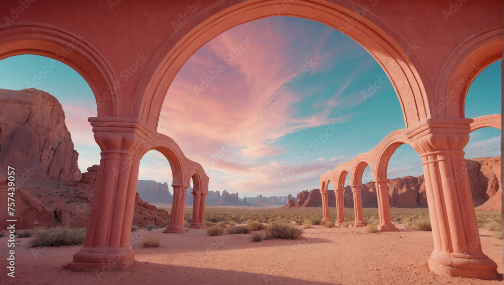 Vivid Pastel Landscape with Curving Arches, Spacious Product Showcase, Dreamy Sky.