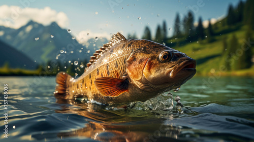 Close up of fish marble trout jumping from the water with bursts in high mountain clean lake or river, at sunset or dawn, picturesque mountain summer landscape. Copy space.
