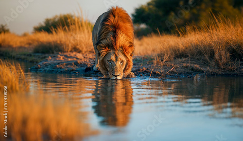 lion vu de face en train de boire dans une marre d'eau photo