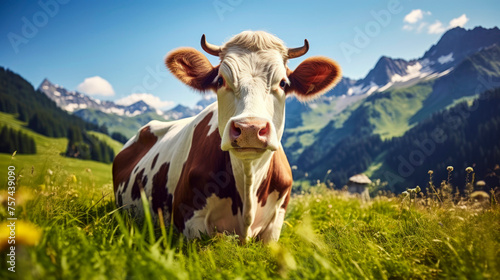One cow in summer meadow against backdrop of alpine mountains and blue sky with fluffy clouds. Farm animal looks at camera, organic milk, green grass, pasture, beautiful nature. Copy space. Close-up.