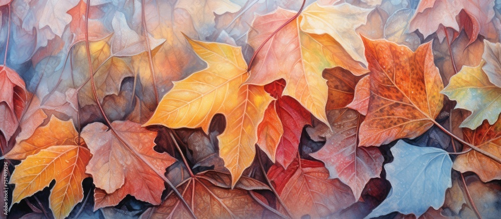 A closeup painting of autumn leaves on a wall, showcasing the vibrant colors and intricate details of the flower petals and plants foliage in a stunning display of art A closeup painting of autumn leaves on a wall, showcasing the vibrant colors and intricate details of the flower petals and plants foliage in a stunning display of art