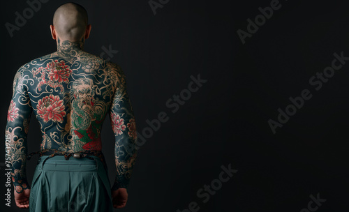 Young shaved headed man viewed from behind. Traditional yakuza member with his body entirely tattooed. With copy space for text. Gang member of the traditional Japanese mafia. © ana