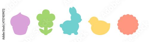 Easter icons vector set cute spring symbols. Easter bunny, cupcake, chick bird, sun. Spring silhouette shapes for die-cutting craft, Easter cookie cutter, gift tag, decal, label, card design element.