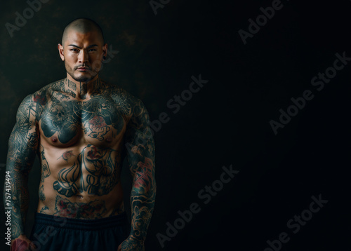 Handsome young shirtless Traditional yakuza member with his body entirely tattooed. With copy space for text. Gang member of the traditional Japanese mafia.
