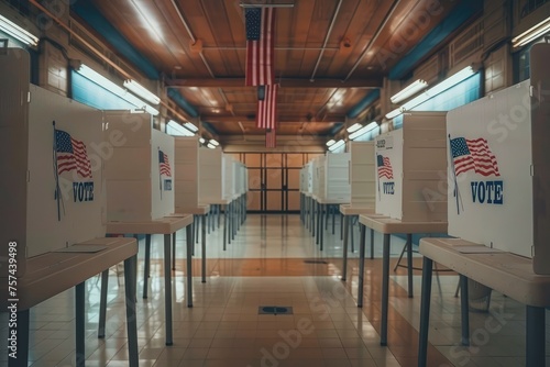 Interior of an empty polling place in the USA. . Elections in the USA and democracy concept, 