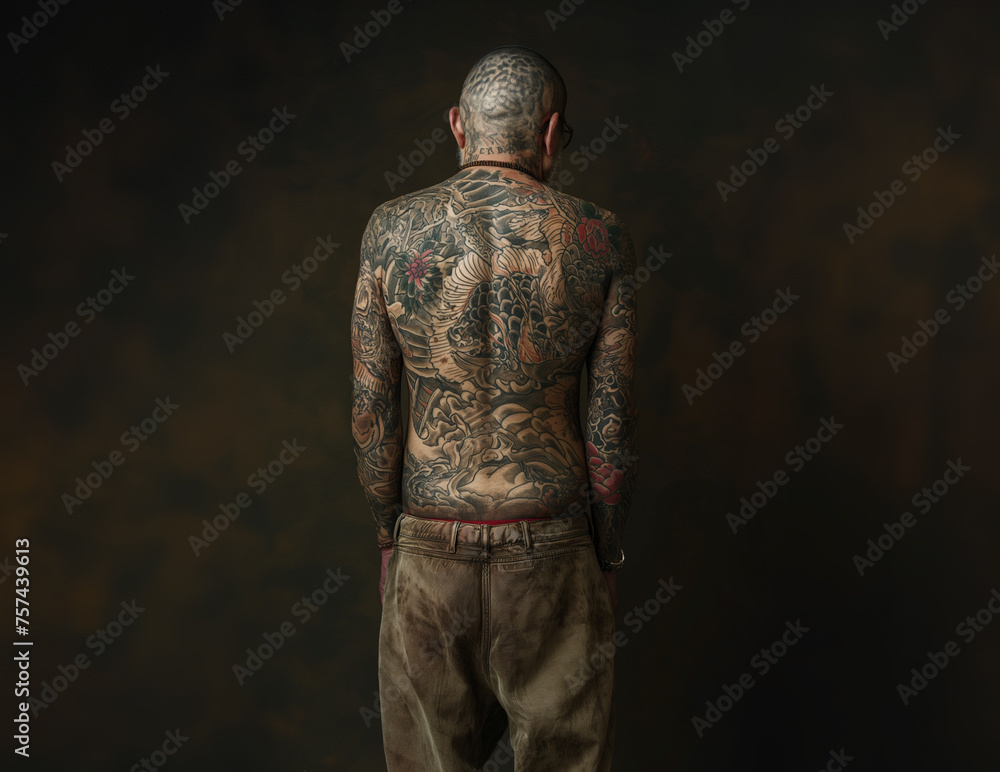 Back view of a shaved headed Traditional yakuza member with his body entirely tattooed. With copy space for text. Gang member of the traditional Japanese mafia. Back view of a shaved headed Traditional yakuza member with his body entirely tattooed. With copy space for text. Gang member of the traditional Japanese mafia.