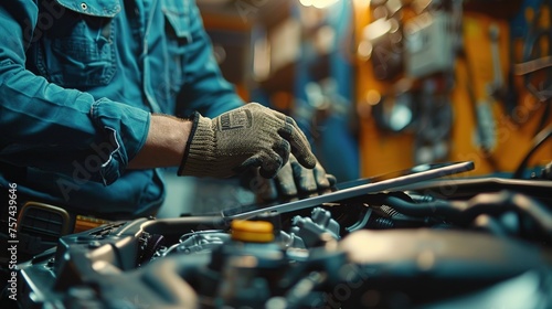Professional Mechanic Inspecting Vehicle Engine with a Digital Tablet