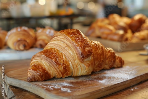 Flaky croissant on wooden board with golden bakery pastry background in French breakfast setting