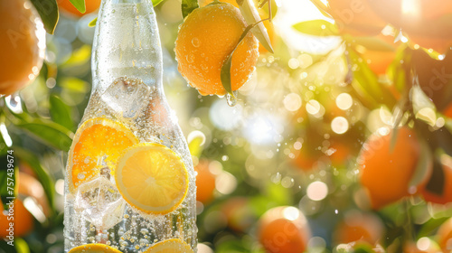 A cold bottle splashing water amongst citrus fruits in a sun-drenched grove photo