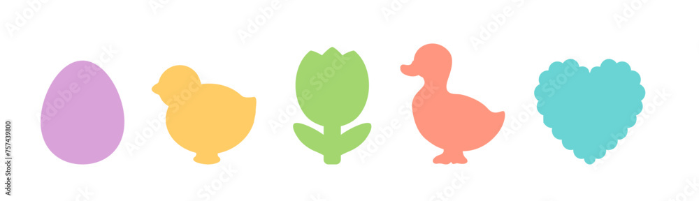 Easter icons vector set cute spring symbols. Easter egg contour, duckling, chick, tulip. Spring shapes for greeting card, logo, cut file, print design element, cookie cutter, label, decal silhouette. Easter icons vector set cute spring symbols. Easter egg contour, duckling, chick, tulip. Spring shapes for greeting card, logo, cut file, print design element, cookie cutter, label, decal silhouette.