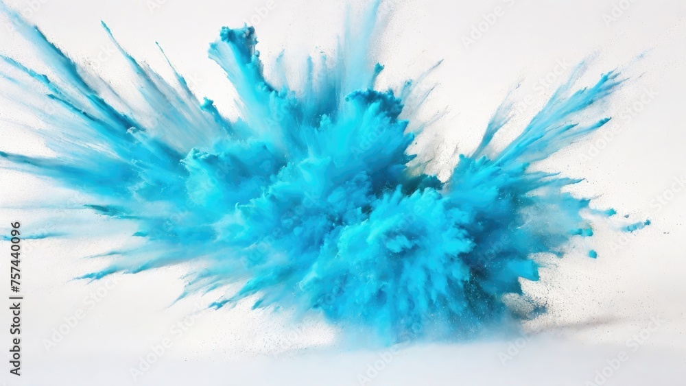 Fototapeta premium Cyan powder exploding, Abstract dust explosion on a white background