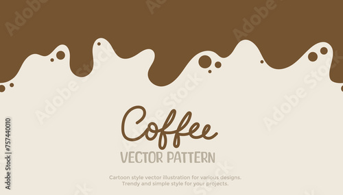 Liquid coffee background. Flat style dripping coffee flat style vector illustration. Dark espresso coffee, cocoa or hot chocolate liquid with drops and splashes. Simple cartoon coffee spill. 